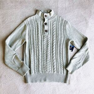 Gap Kids Light Grey Cotton 3/4 Button Up Mock Cable Sweater